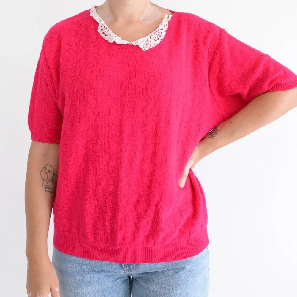 Vintage Contemporary Classics Pin Knit White Lace Collar Crewneck Sweater M